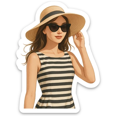 a girl with chic Riviera style, sun hat, striped dress, sunglasses, relaxed summer vibe sticker