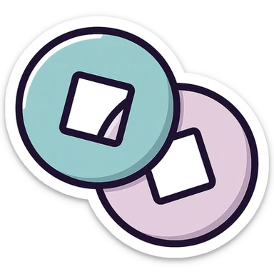 pair of Chinese coins with square holes, icon-color-outlined style, no red thread, detailed shadows and highlights, thin clean contours, soft rounded shapes, pastel palette #98B5BC, #B5B3C1, #C9A3C9, #E4C0CA, #F7DCD1, #F7C0AA, modern Japanese pop art and sticker aesthetic, high detail, vector sharpness, soft lighting, transparent background sticker