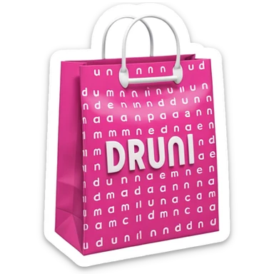 Fuchsia pink paper bag with white handles, repeating DRUNI pattern in light pink and a large vertical 'DRUNI' in bold white letters in the center, iOS emoji style, shiny and realistic. sticker