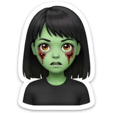 uma garota zumbi no formato Memoji da apple com o cabelo cumprido, preto liso e com franja, blusa preta sticker