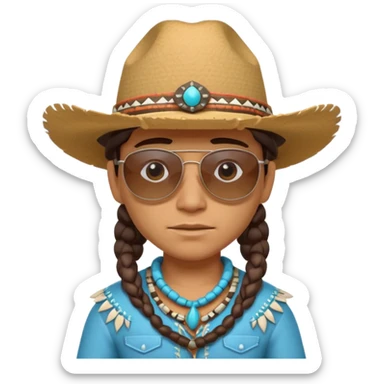 cute Indigenous tribal character portrait, head and shoulders only, cowboy hat, sunglasses, tribal accessories, confident expression, 3D cartoon, mobile game icon style, clean background, no text, no watermark
 sticker