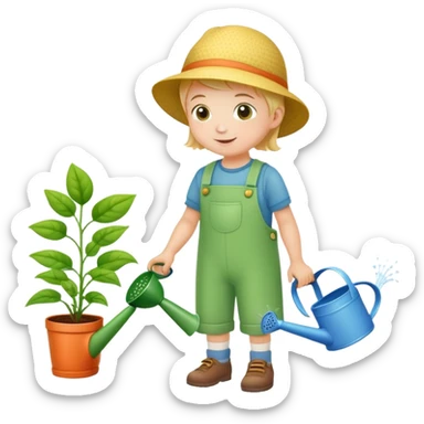child watering plants with a watering can, cheerful and green sticker