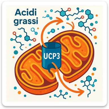 modern illustration in ChatGPT style showing the UCP3 protein transporting fatty acids inside a stylized mitochondrion, molecular details, arrows showing the path of fatty acids, vivid colors, educational atmosphere, Italian text, white background sticker