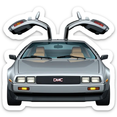 Silver DMC 12 Delorean, closed doors, backside view sticker