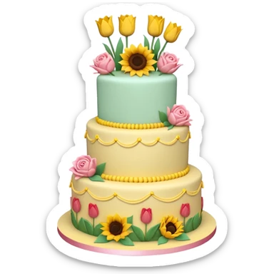 A large three teir cake with top layer decorated with roses, middle with Sunflowers and bottom layerwith Tulips and Happy Birthday Dear written on top. sticker