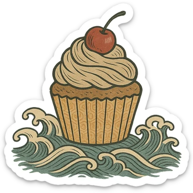cupcake, traditional Japanese print, stylized waves, ukiyo-e style sticker