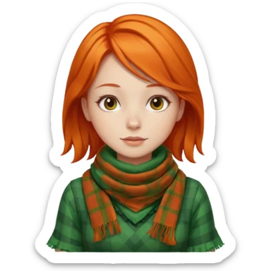 girl orange hair, wear red checkered scarf, green dress sticker