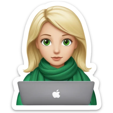 blond women skine , with green eyes , with scarf . with macbook sticker