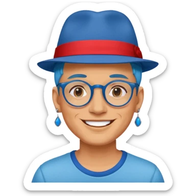 unique looking tourist with big unique red tourist fedora and earrings, man with lots of tattoes and spectacles, blue hair showing sticker