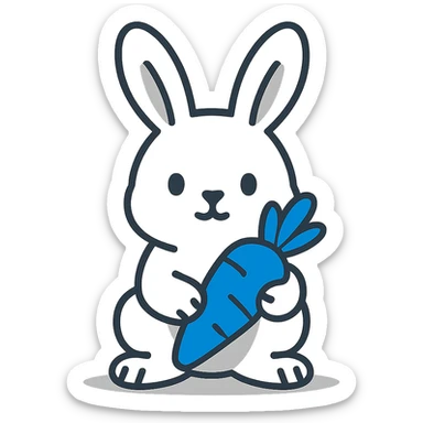 white rabbit holding a blue carrot, minimalist style sticker