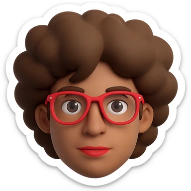 Make the hair much bigger on the face of a man with a lot of brown hair and red glasses, keep the style the same. Remove the background to isolate the subject. sticker