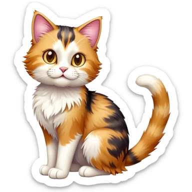 cinematic-[calico tabby cat]-realistic-full-body-sitting-emoji,-tail-curled-playfully-around-its-paws,-head-tilted-dramatically,-scruffy-[calico]-fur,-simplified-yet-realistic-adorable-features,-highly-detailed,-glowing-with-an-almost-sarcastic-glow sticker