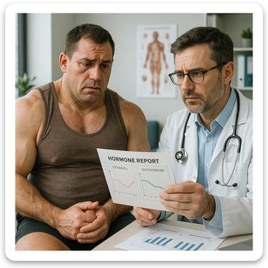 hyperrealistic male bodybuilder with estrogen problems, sitting in front of a doctor holding hormone report charts, worried expression, signs of hormonal imbalance such as swelling and mild gynecomastia, modern medical office, detailed environment sticker