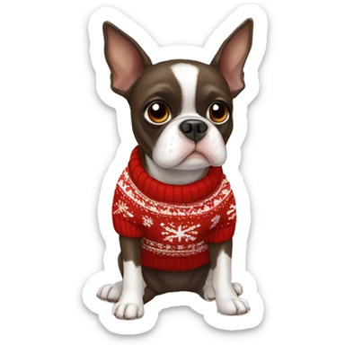 Brown Boston terrier wearing Christmas sweater sticker