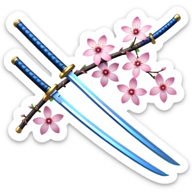 Blue katana with multiple sakura flowers behind it And Sakura leaves and branch added blue glowing katana with accent words sticker