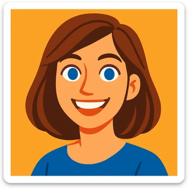 brunette woman with blue eyes smiling, modern friendly illustration style sticker