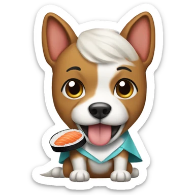 A dog eat a sushi with a dress sticker