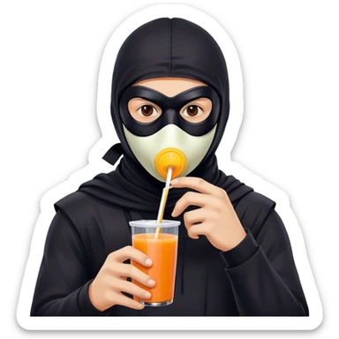 Masked man in dark clothing holding and drinking from a juice box with a straw, comical contrast between serious masked appearance and innocent juice sticker