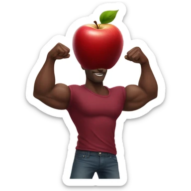 A African muscular hand and arm in a maroon t-shirt holding an apple sticker