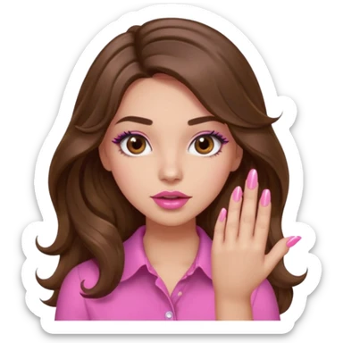 girl with long wavy brown hair, brown eyes, light to medium complexion, in a pink shirt, pink lips, long lashes, puckered lips, showing off a pink manicure sticker
