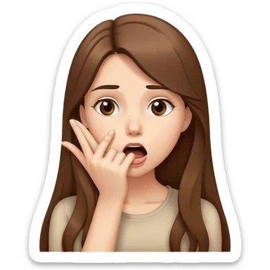 Girl with long brown hair making a dramatic gasp, hand on mouth, elegant beige cartoon style sticker