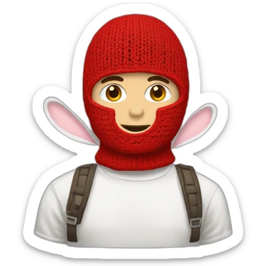 A WHITE GUY WEARING A RED CROCHET BALACLAVA with bunny ears sticker