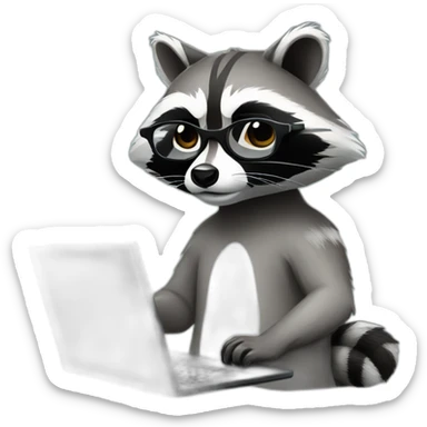 racoon wearing glasses and white tee working on a black laptop sticker