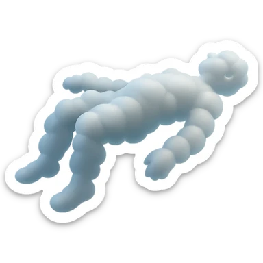 side view of unconscious person flying torso up, legs and arms down, made of small very bright white fluffy convex clouds, matte glass style sticker