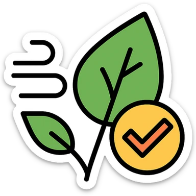 icon for emission cuts and environmental compliance featuring a leaf and checkmark, modern style sticker