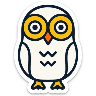 white owl, yellow ring around eyes, stylized minimal icon sticker