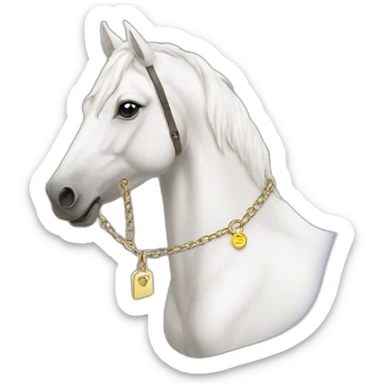 White stallion mustang wearing a key around the neck only necklace no mouth strap showing neck no lock sticker