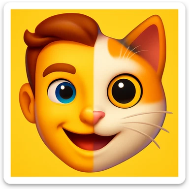 Create a Genmoji style portrait of a split human-cat face, blending both sides smoothly with a playful and expressive look. The style should reflect the Genmoji aesthetic with vibrant colors and smooth transitions between the human and cat features. sticker