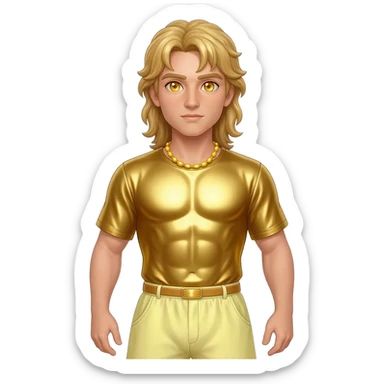 Apollo from Greek Mythology with amber eyes, long blonde hair, gold metallic shirt, light yellow metallic baggy pants, yellow necklace sticker