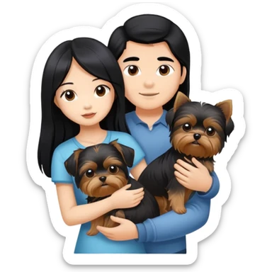 A beautiful Asian girl with long black hair is holding a Yorkshire Terrier. She is standing next to her tanned boyfriend, who is holding a Shih Tzu. They are each holding one dog each sticker
