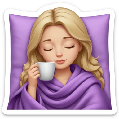 dark blonde girl inside a lilac blanket sipping coffee eyes closed sticker