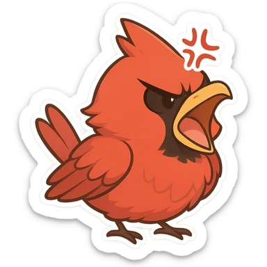 Chibi-style male cardinal yelling with open beak, feathers fluffed, exaggerated anime anger mark above eye. sticker