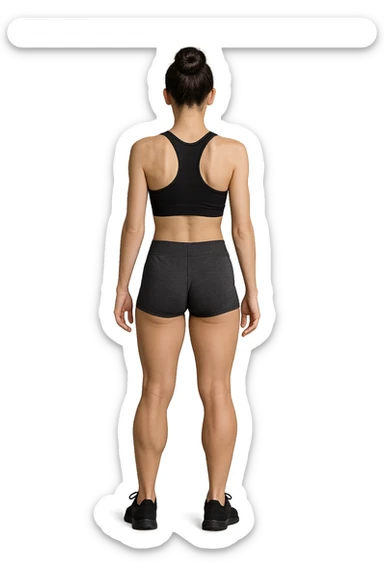 fitness woman di spalle a figura intera con poca massa muscolare sul dorso (magra senza muscoli) e più muscolosa sulle gambe. in gym shorts sticker