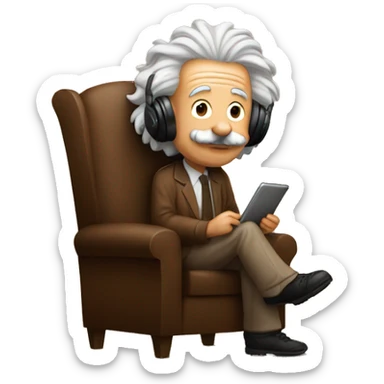 albert einstein happy listening music with just wireless headphones while sitting on the brown chair sticker