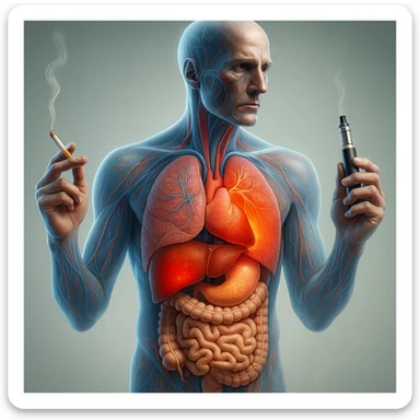 Medical illustration, hyperrealistic 4K, realistic anatomical human body, inflamed liver and intestine highlighted, holding a lit normal cigarette in the right hand and an electronic cigarette in the left hand, clear background, extremely detailed, same lighting and style as the reference image. sticker