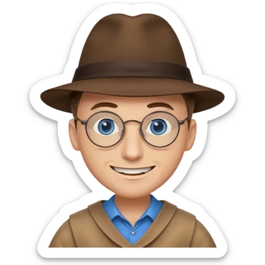 A man with sharp and thin face, brown round glasses, a brown hat and a brown costume with beige shirt (shoulders only), with blue eyes and a large smile on his face and menacing eyes. sticker