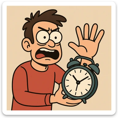 person holding a clock in one hand, counting to five with the other hand, clear and bold style sticker
