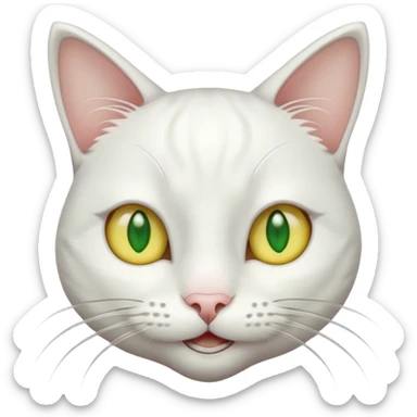 Realizar emoticonon de gato blanco con tonos gris claro solo carita sonriendo muy feliz ojos grandes de color verde con amarillos sus hijos  y bigotes largos  sticker