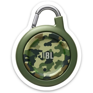 Highly simplified JBL Clip 4 speaker with proper circular form and carabiner clip, subtle green camouflage pattern, iOS emoji style sticker