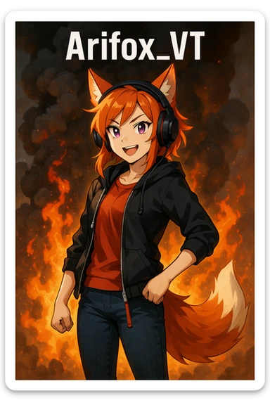 THE TWITCH AND YOUTUBE CHARACTER "ARIFOX_VT" STANDING IN FRONT OF SMOKE AND FIRE sticker