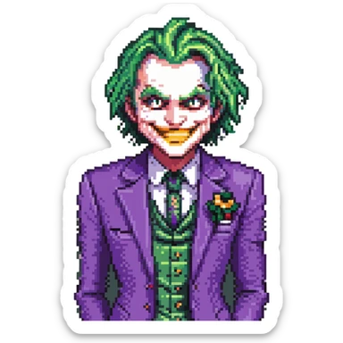 Joker with purple suit and green hair, grinning, pixel art style sticker