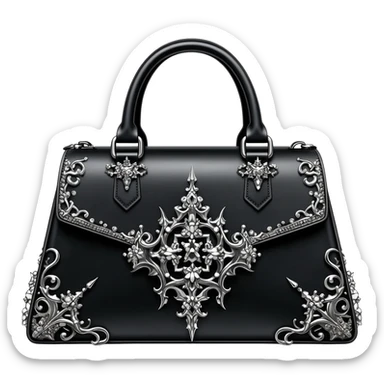 Ultra realistic, mirco-detailed Alexander Wang bag, in black gothic aesthetic style with matching metallic, silver chrome gothic style Luxury embellishments, 8k hd quailty  sticker