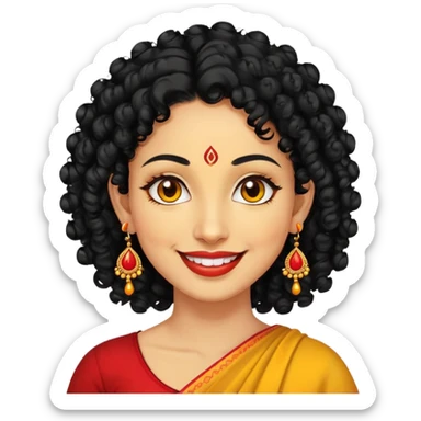 "- Phụ nữ
- 35 tuổi
- Da vàng
- Tóc đen xoăn nhẹ
- Có chấm đỏ Bindi, đeo khuyên tai
- Mặt cười
" sticker