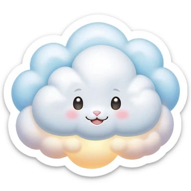 Cinematic tiny puffy bunny-shaped cloud, floating gently in the sky, soft glowing light, tiny rounded ears, smiling face, dreamy and magical. sticker