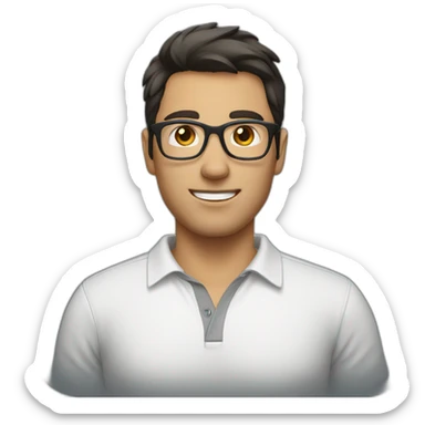 guy with dark hair, a white polo and grey glasses sticker