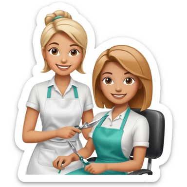 smiling woman in apron sitting in salon chair, smiling female hairstylist behind her with scissors sticker